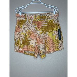 Tahari NWT 100% Linen Tropical Belted Shorts Sz 8 Pink Mustard High‎ Rise Resort